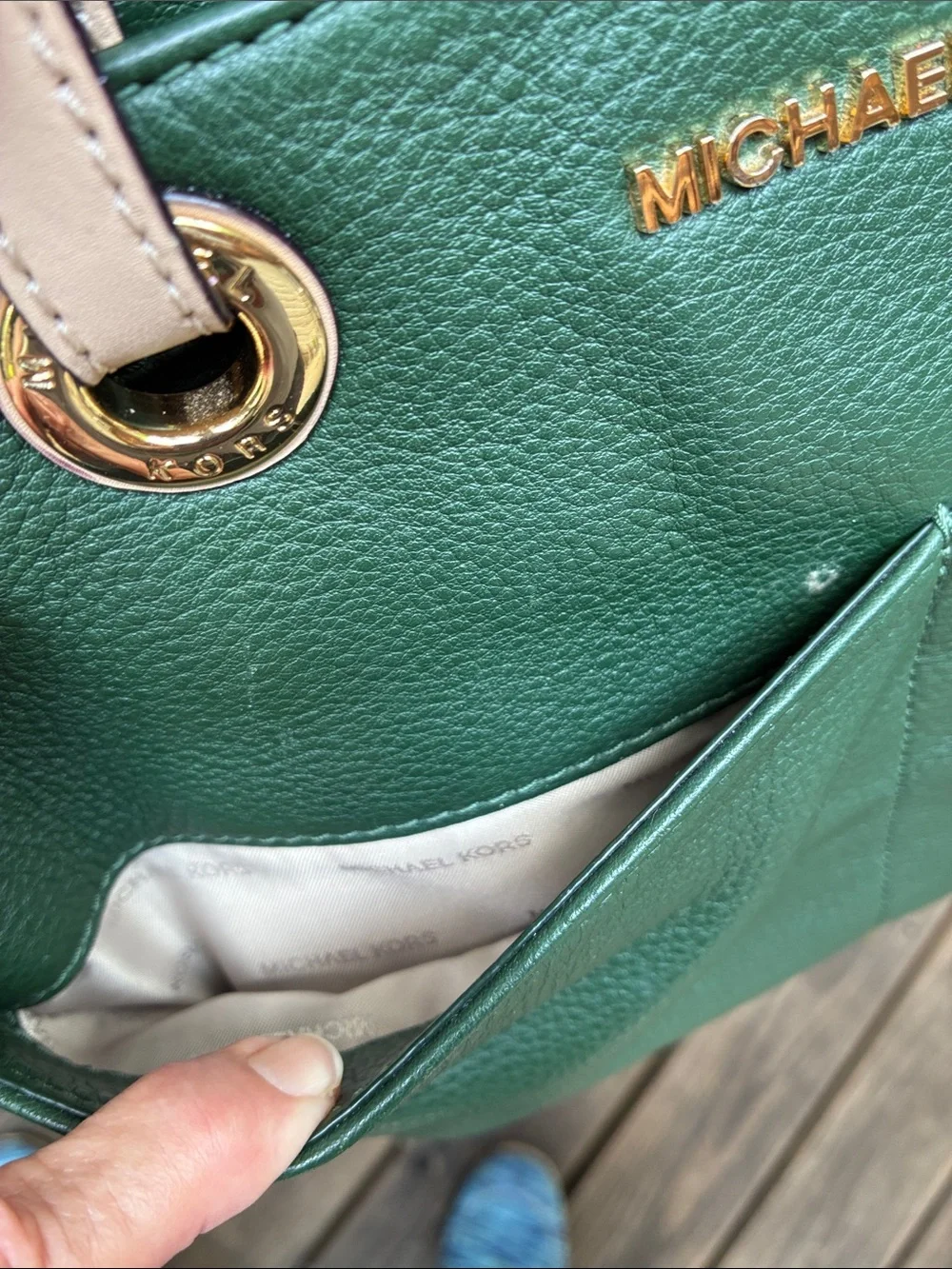 Michael Kors Green Leather Medium Tote with Tan Straps